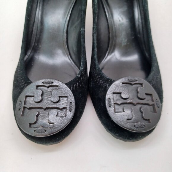 Tory Burch Shoes Sophie Miller Black Suede Wedge Leather Logo on Toe Womens 5 M - Picture 9 of 14